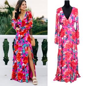 Shop The Mint Long Sleeve Fuchsia Pink Floral Maxi Dress | Slit Wedding Guest SM